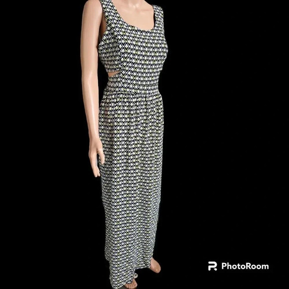 Sweet Storm Sleeveless Side Cut-outs Blue Lime White Geo Print Maxi Dress /L - Picture 2 of 12